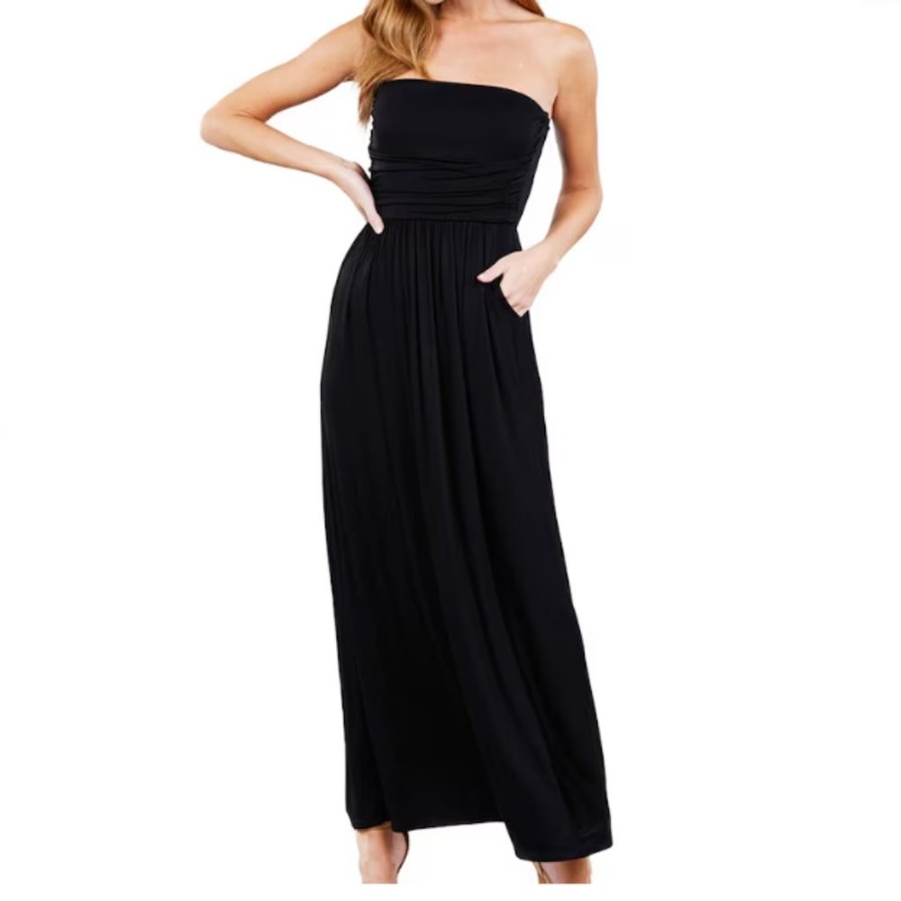 GloryStar Black Strapless Maxi Dress with Pockets Size-L